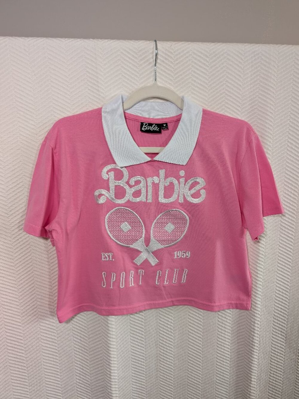 Barbie Cropped Polo T-Shirt Collared Pink & White Sport Club Size Medium
